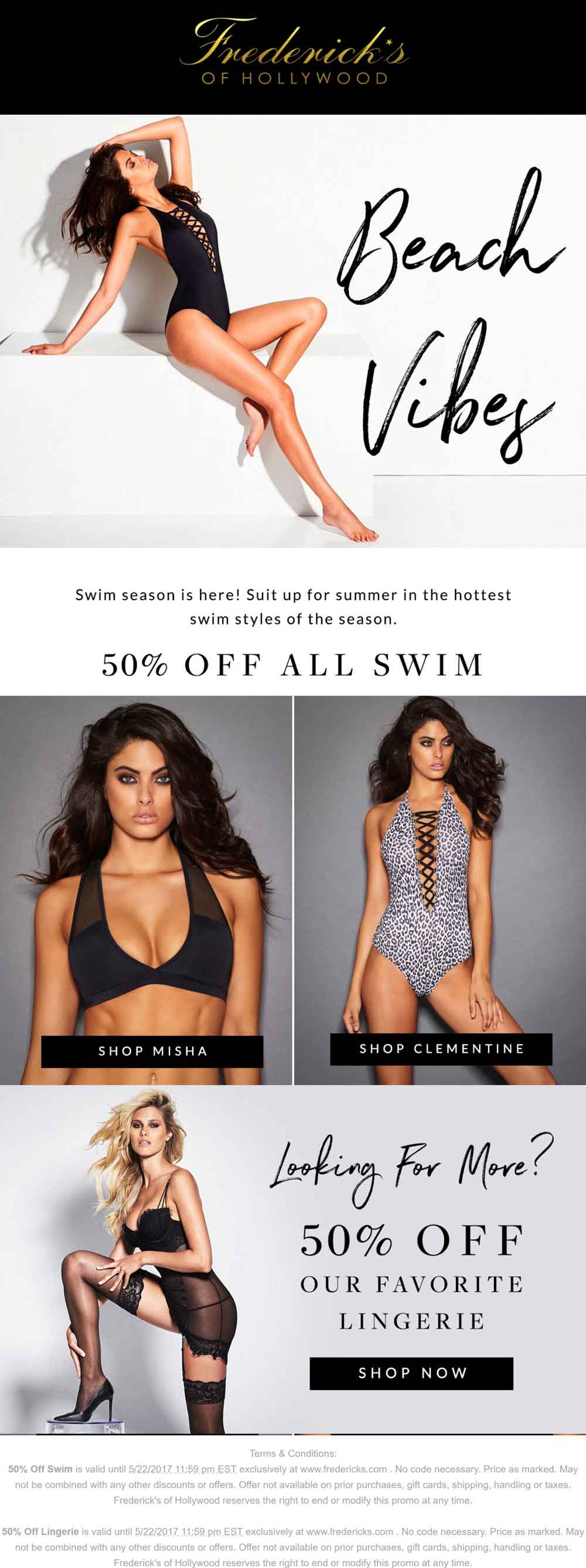 Fredericks of Hollywood Coupon April 2024 50% off all swim & some lingerie online at Fredericks of Hollywood