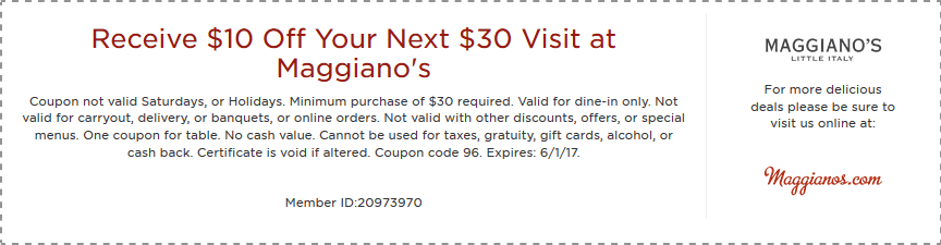 Maggianos Little Italy Coupon April 2024 $10 off $30 at Maggianos Little Italy restaurants