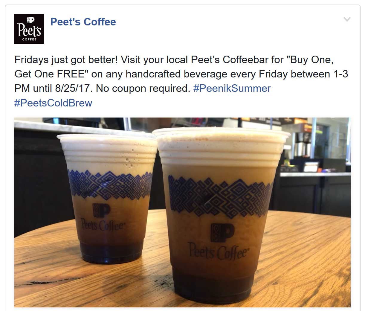 Peets Coupon April 2024 Second drink free 1-3p Fridays at Peets Coffee & Tea