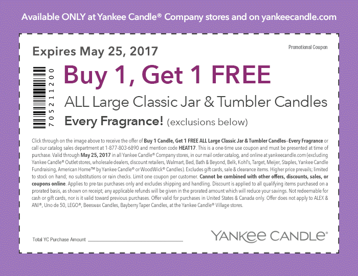 Yankee Candle Coupon March 2024 Second candle free at Yankee Candle, or online via promo code HEAT17