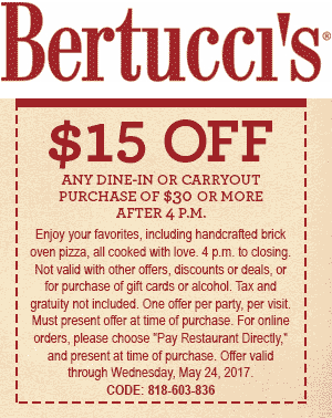 Bertuccis Coupon April 2024 $15 off $30 after 4p at Bertuccis restaurant