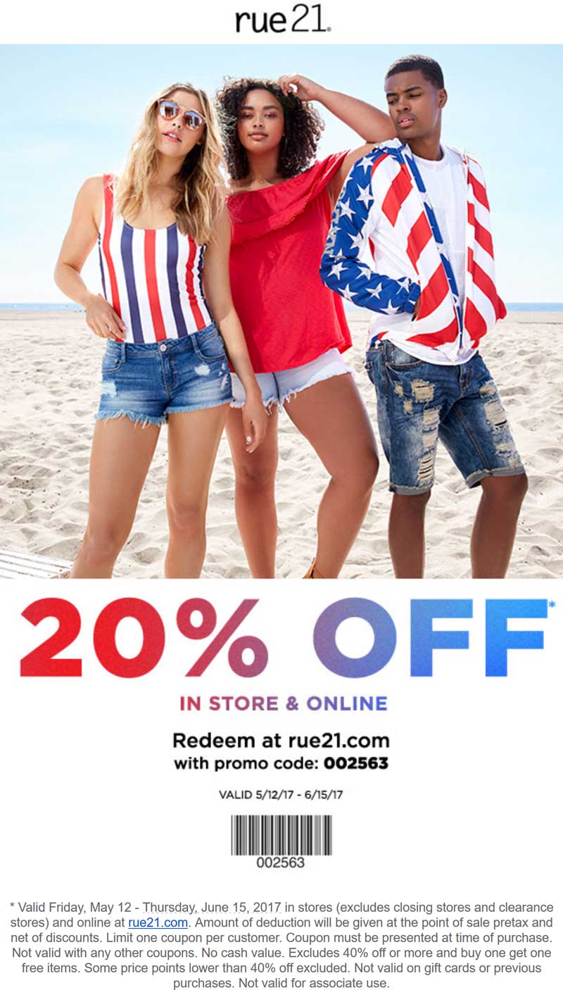 Rue21 Coupon April 2024 20% off at rue21, or online via promo code 002563