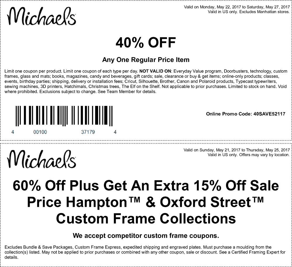 Michaels Coupon April 2024 40% off a single item at Michaels, or online via promo code 40SAVE52117