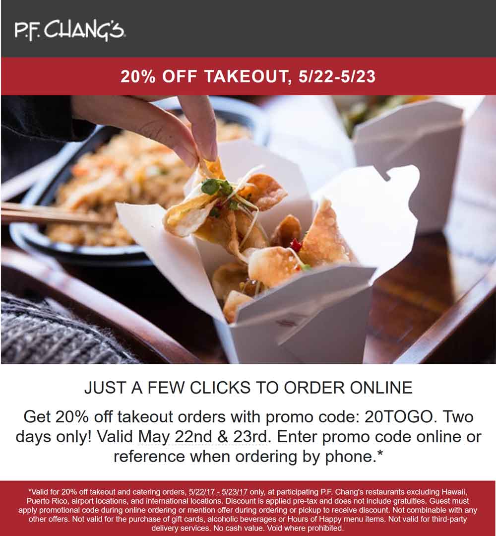 P.F. Changs Coupon April 2024 20% off takeout at P.F. Changs restaurant via promo code 20TOGO
