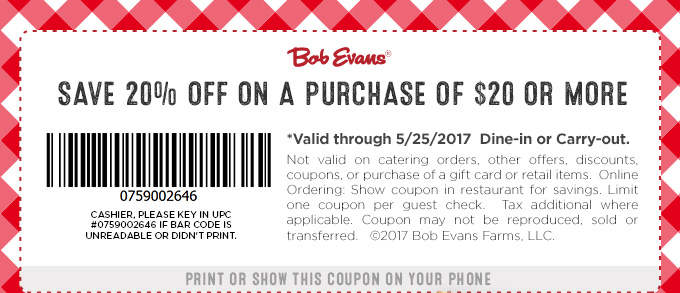 Bob Evans Coupon April 2024 20% off $20 at Bob Evans restaurants