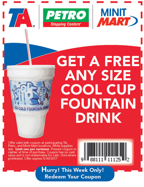 Gas Station Coupon April 2024 Free large fountain drink at Petro, Minit Mart & TA TravelCenter gas stations