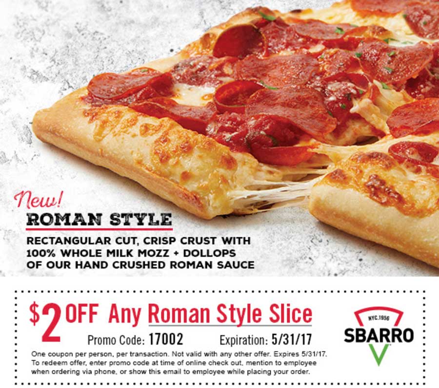 Sbarro Coupon April 2024 $2 off Roman slices at Sbarro pizza