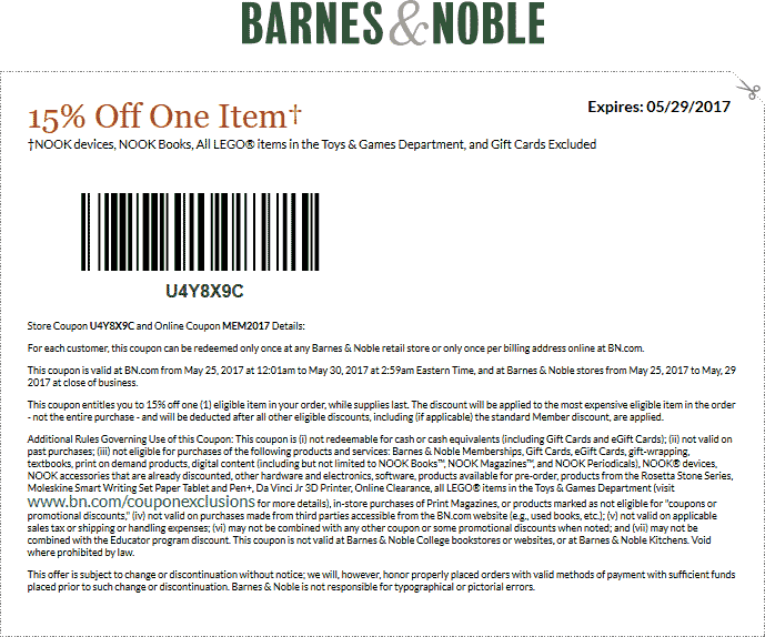 Barnes & Noble Coupon April 2024 15% off a single item at Barnes & Noble, or online via promo code MEM2017