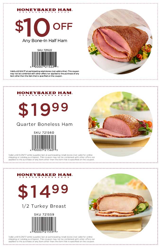 HoneyBaked Ham Coupon April 2024 $10 off bone-in half ham at HoneyBaked Ham restaurants