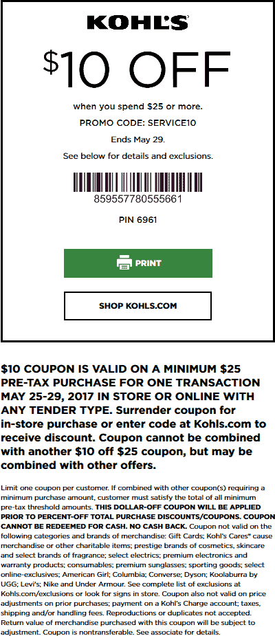 Kohls Coupon April 2024 $10 off $25 at Kohls, or online via promo code SERVICE10