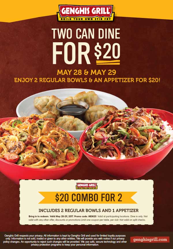 Genghis Grill Coupon April 2024 2 bowls + appetizer = $20 at Genghis Grill