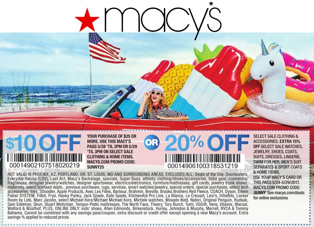 Macys Coupon April 2024 $10 off $25 & more at Macys, or online via promo code SUNNY25