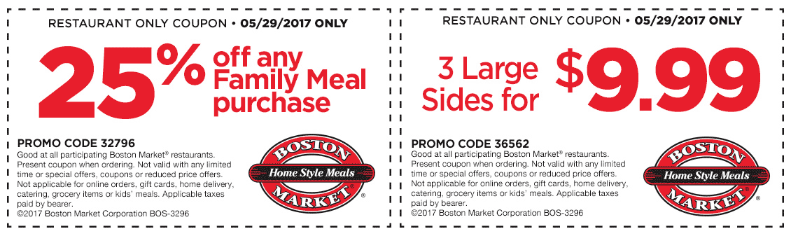 Boston Market Coupon April 2024 25% off family meals Monday at Boston Market