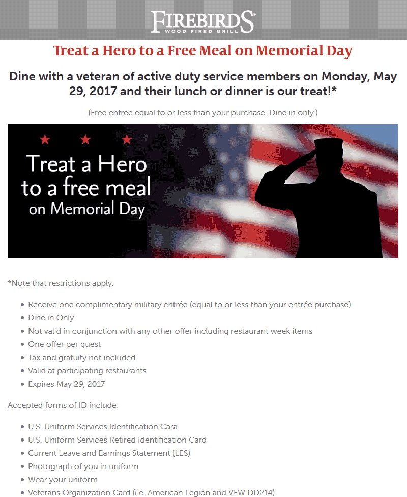 Firebirds Coupon April 2024 Veterans & active duty enjoy a free meal Monday at Firebirds wood fired grill