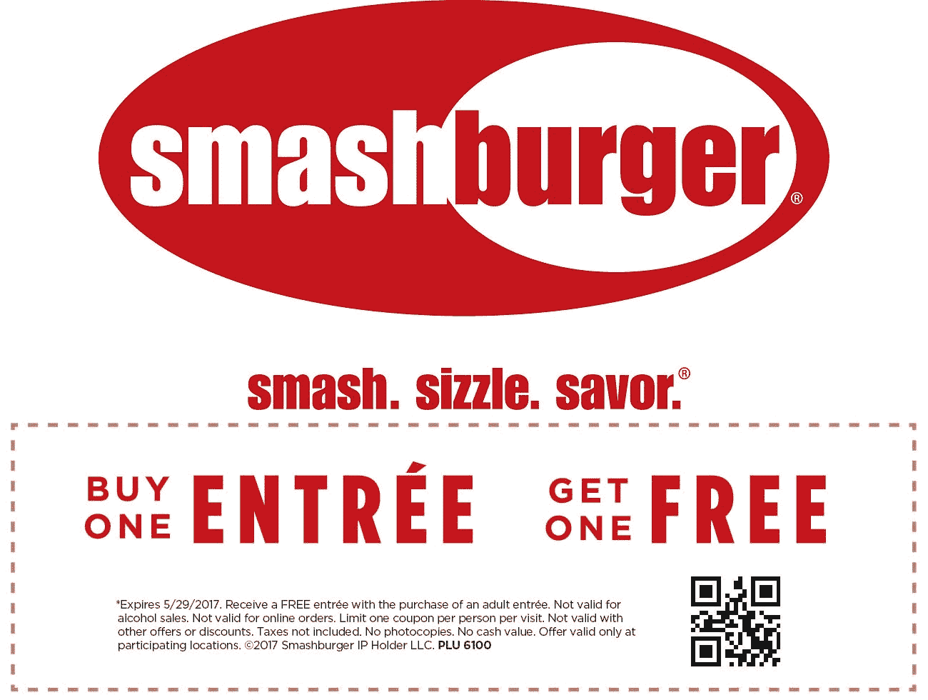 Smashburger Coupon April 2024 Second entree free at Smashburger
