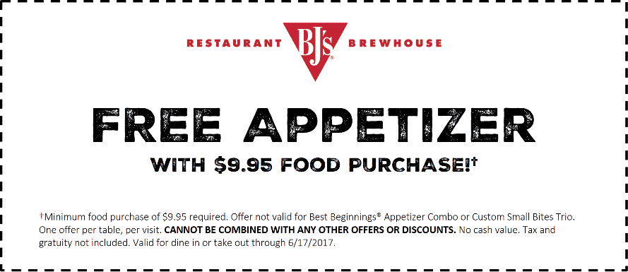 BJs Restaurant Coupon May 2024 Free appetizer with $10 spent at BJs Restaurant brewhouse