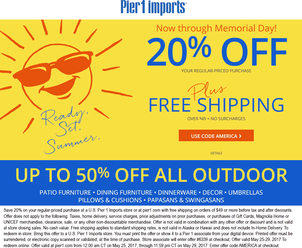 Pier 1 Coupon April 2024 20% off $49 at Pier 1 Imports, or online via promo code AMERICA
