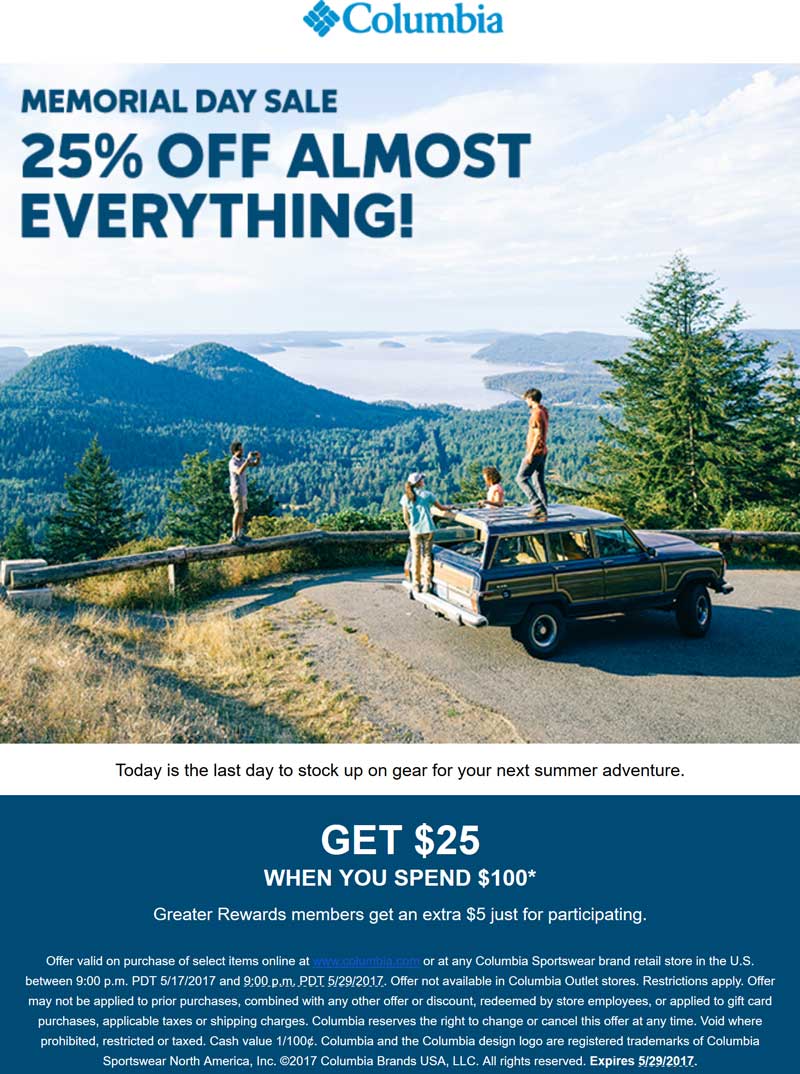 Columbia Coupon April 2024 25% off today at Columbia Sportswear, ditto online