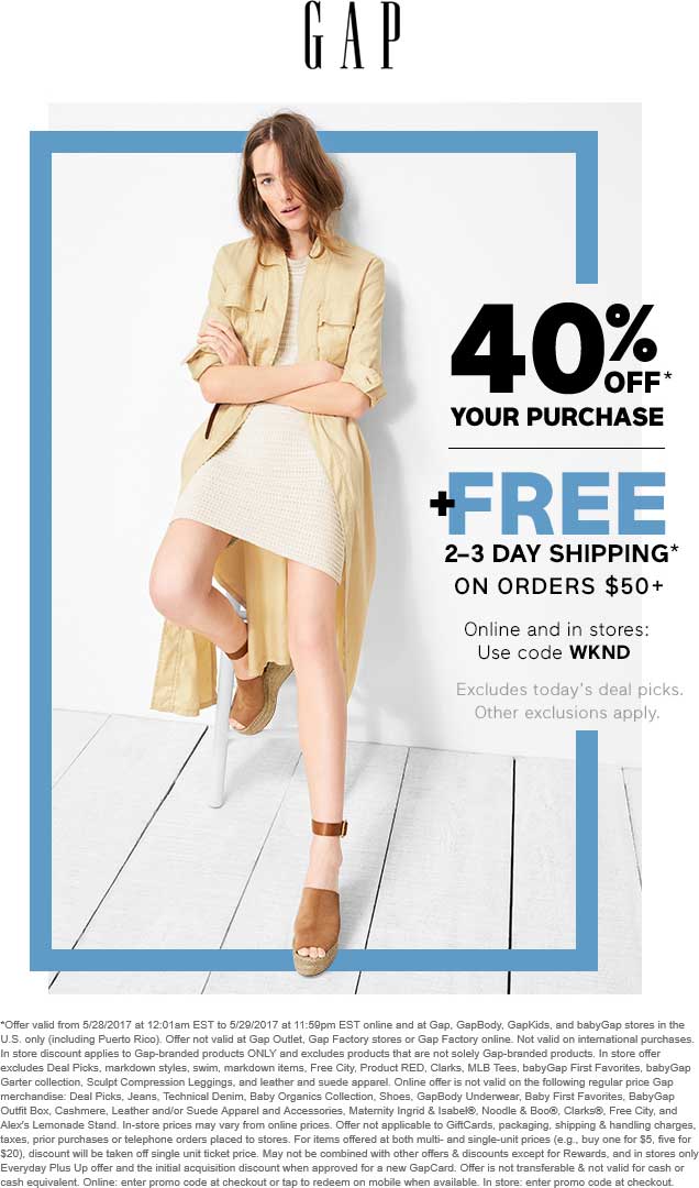 Gap Coupon March 2024 40% off today at Gap, GapBody, GapKids, and babyGap, or online via promo code WKND