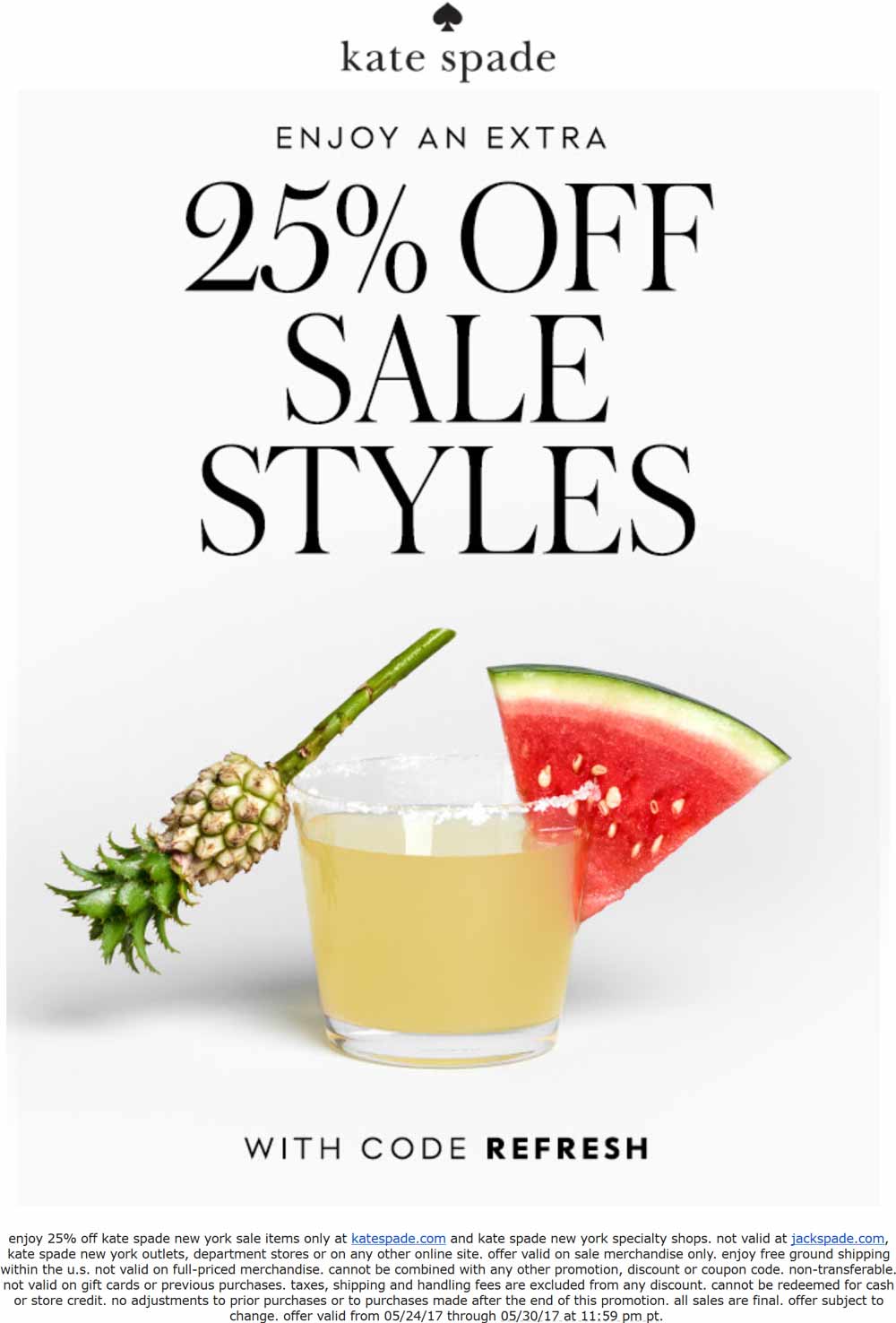 Kate Spade Coupon March 2024 Extra 25% off sale items at Kate Spade, or online via promo code REFRESH