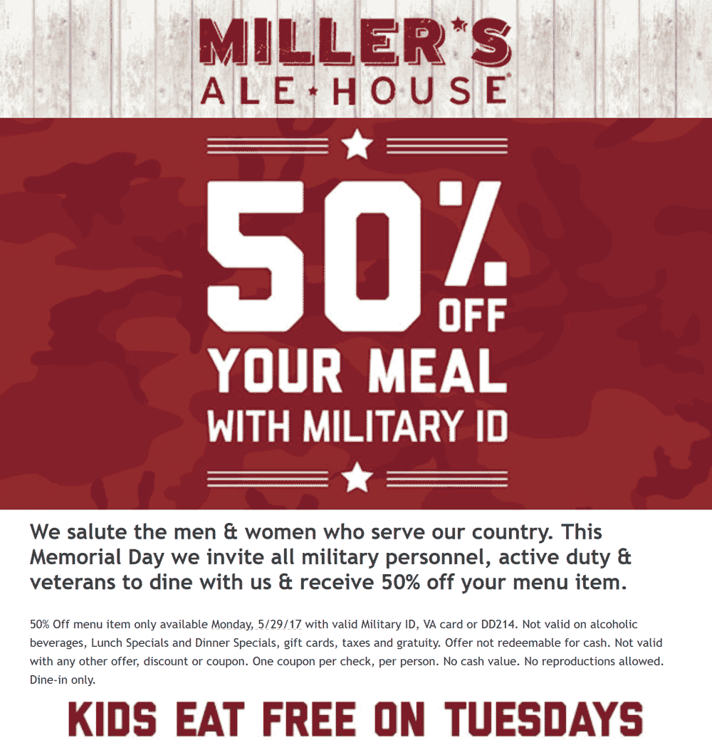 Millers Ale House Coupon April 2024 Military enjoy 50% off today at Millers Ale House restaurants