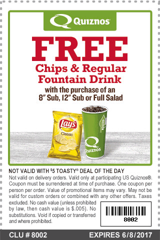Quiznos Coupon April 2024 Free chips & drink with your sub at Quiznos