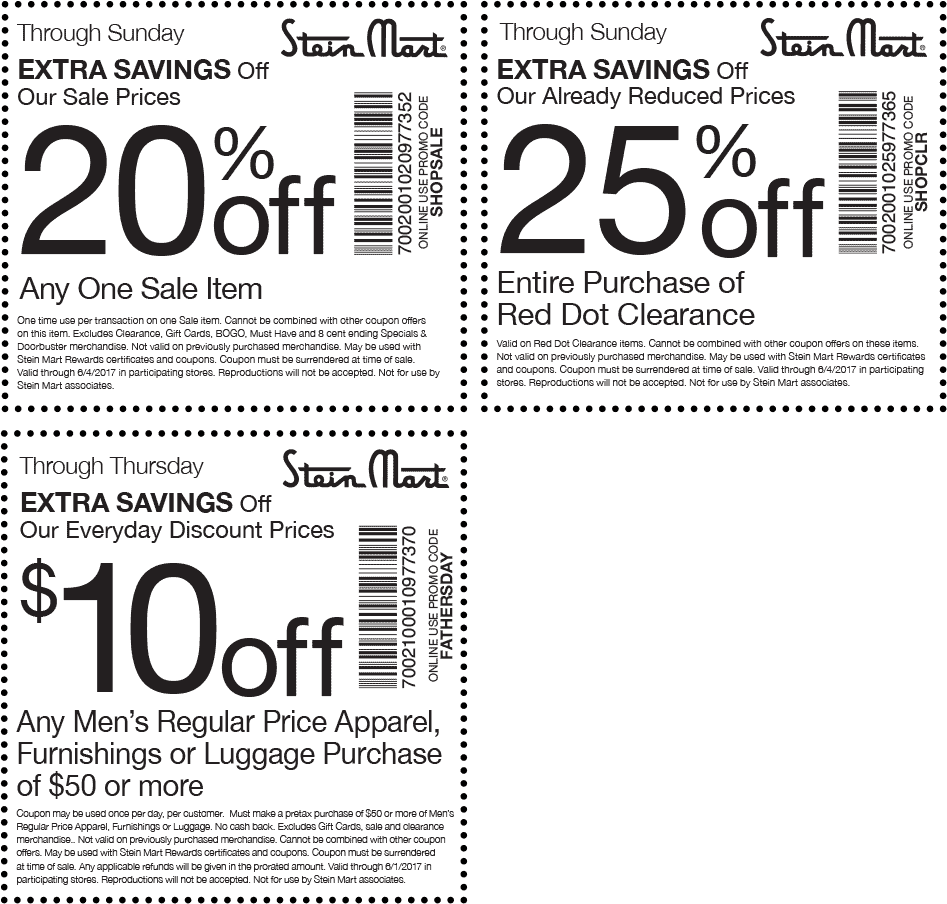 Stein Mart Coupon April 2024 Extra 20% off a sale item at Stein Mart, or online via promo code SHOPSALE