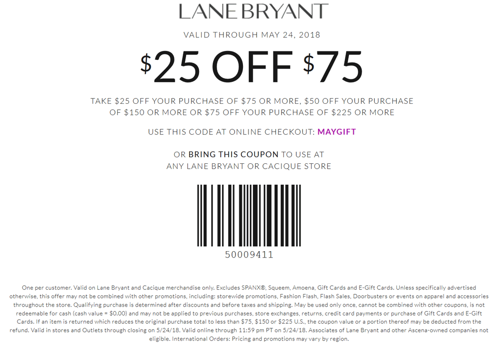 Lane Bryant Coupon April 2024 $25 off $75 at Lane Bryant, or online via promo code MAYGIFT