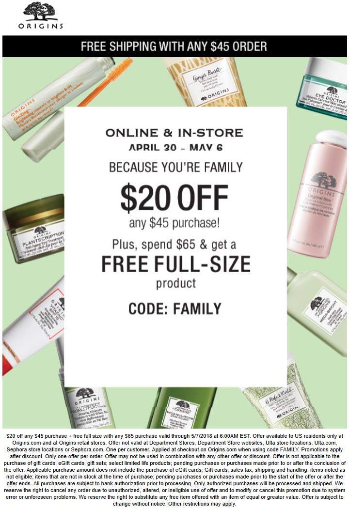 Origins Coupon March 2024 $20 off $45 & free full size item over $65 at Origins, or online via promo code FAMILY