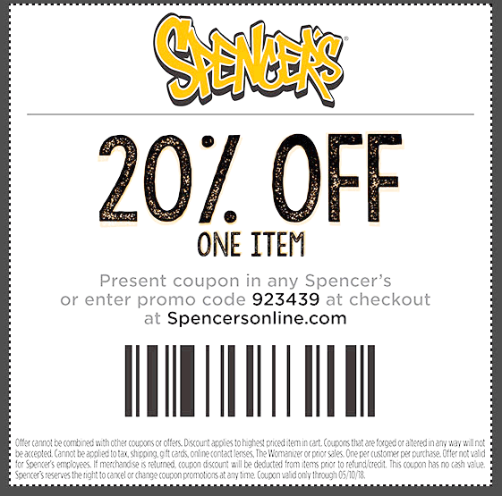 Spencers Coupon April 2024 20% off a single item at Spencers, or online via promo code 923439