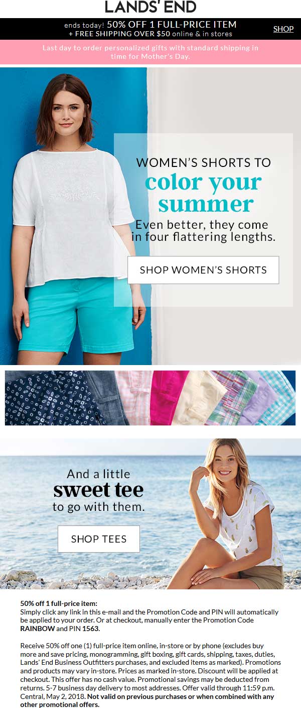 Lands End Coupon April 2024 50% off a single item today at Lands End, or online via promo code RAINBOW and pin 1563