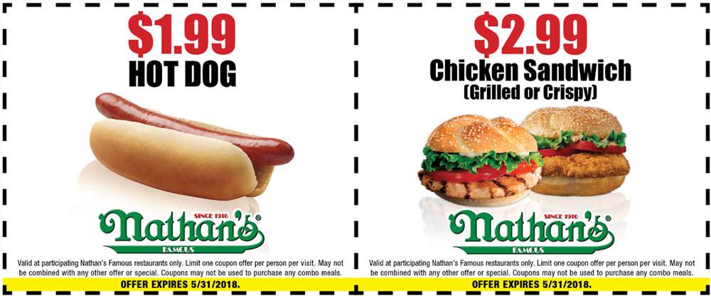 Nathans Famous Coupon April 2024 $2 hot dog at Nathans Famous restaurants