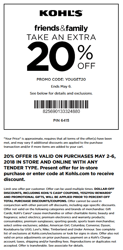 Kohls Coupon April 2024 20% off at Kohls, or online via promo code YOUGET20