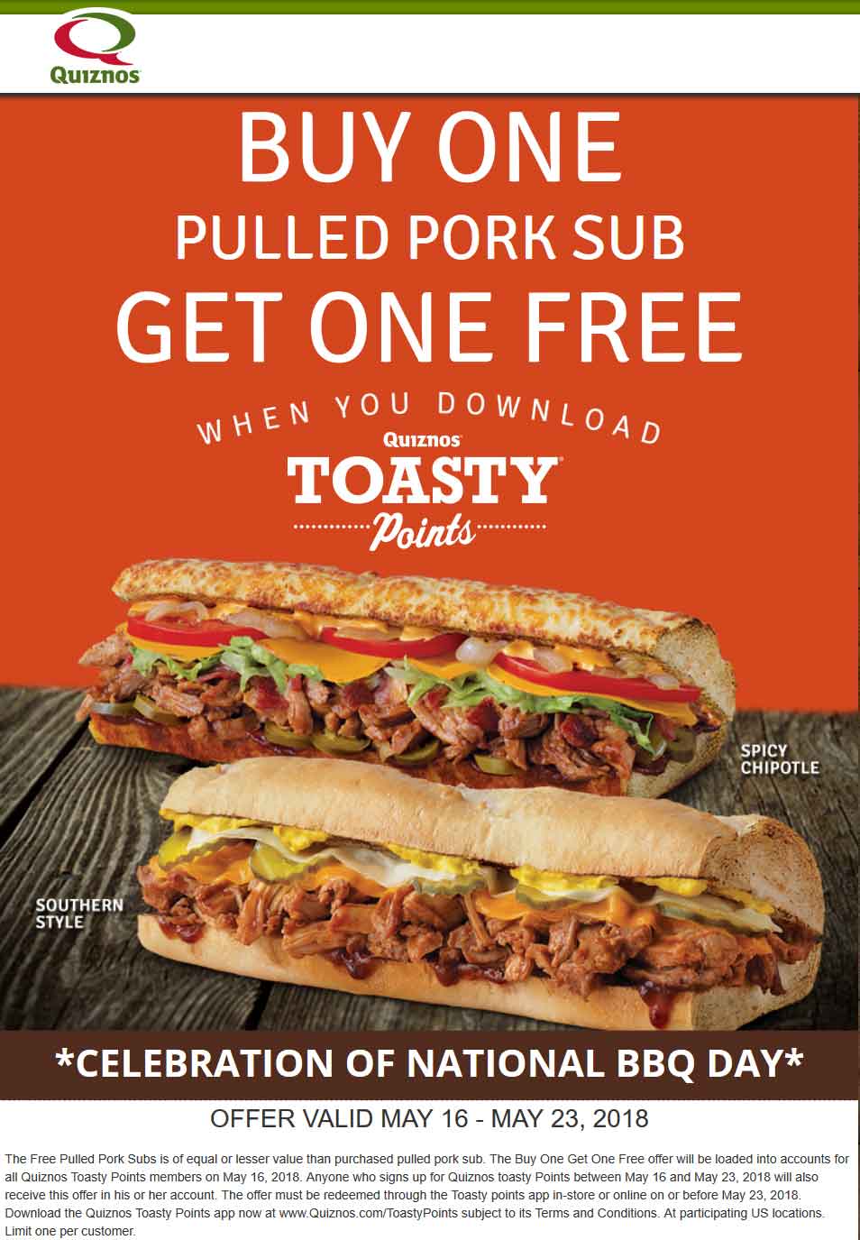 Quiznos Coupon May 2024 Second BBQ pork sub free the 16th at Quiznos