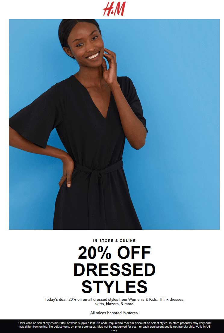 H&M Coupon March 2024 20% off dressed styles today at H&M, ditto online