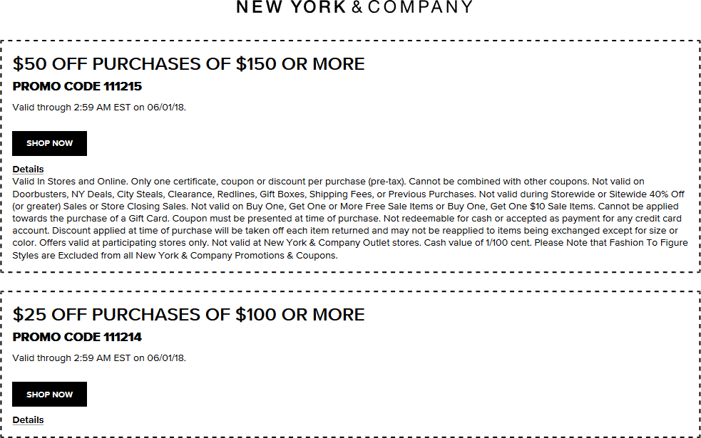 New York & Company Coupon April 2024 $50 off $150 at New York & Company, or online via rpomo code 111215