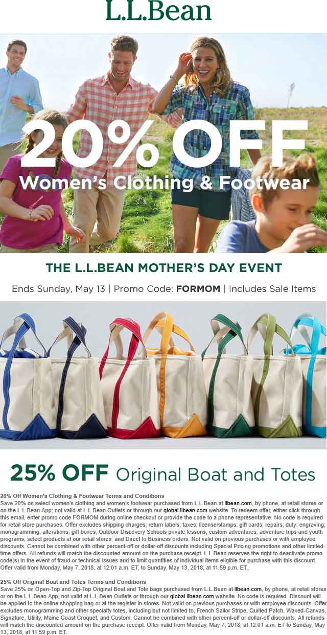 L.L.Bean Coupon April 2024 20% off womens at L.L.Bean, or online via promo code FORMOM
