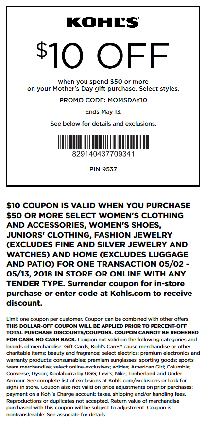 Kohls Coupon April 2024 $10 off $50 on womens at Kohls, or online via promo code MOMSDAY10