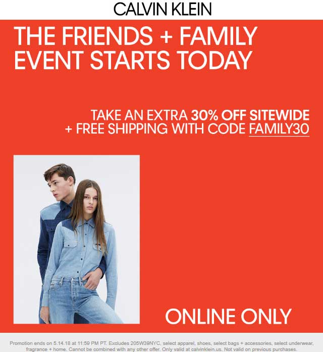 Calvin Klein Coupon April 2024 Extra 30% off online at Calvin Klein via promo code FAMILY30