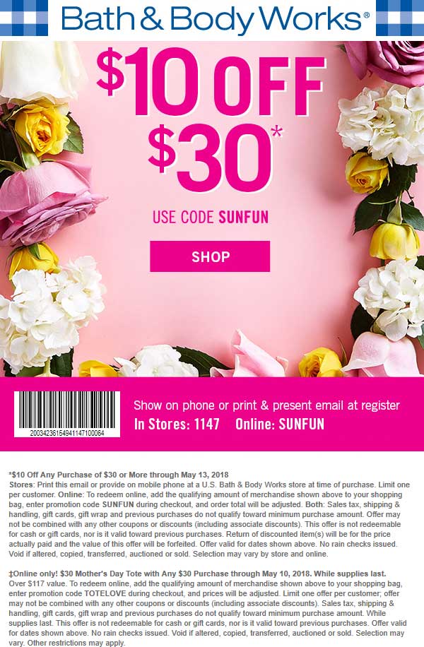 Bath & Body Works Coupon May 2024 $10 off $30 at Bath & Body Works, or online via promo code SUNFUN
