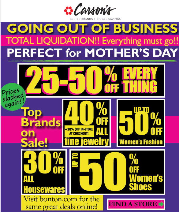 Carsons Coupon April 2024 Going out-of-business 25-50% off everything at Carsons, Bon Ton & sister stores, ditto online