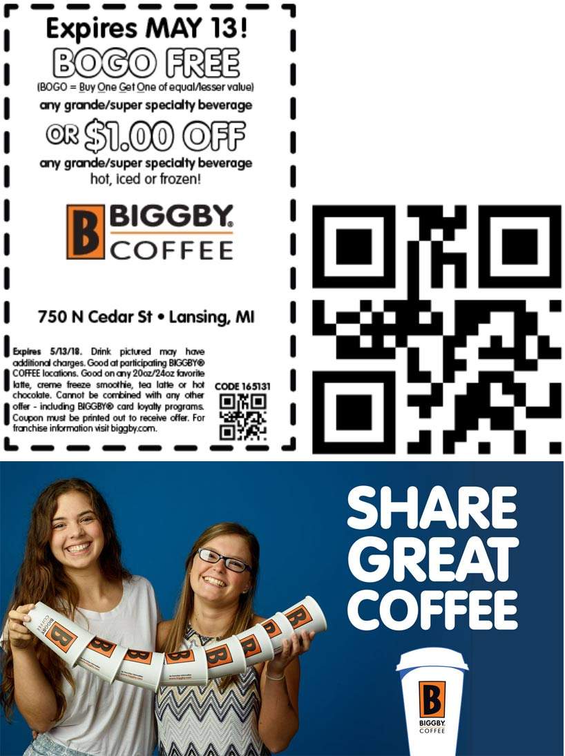 Biggby Coffee Coupon April 2024 Second drink free at Biggby Coffee