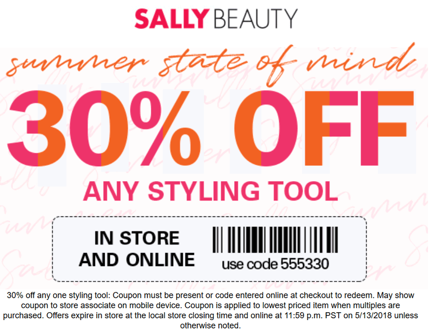 Sally Beauty Coupon April 2024 30% off any styling tool at Sally Beauty, or online via promo code 555330