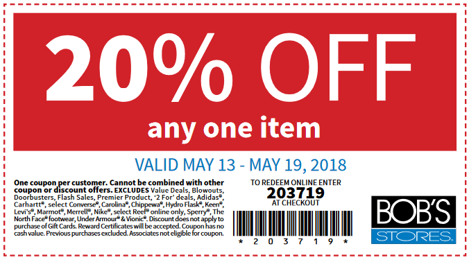 Bobs Stores Coupon April 2024 20% off a single item at Bobs Stores, or online via promo code 203719