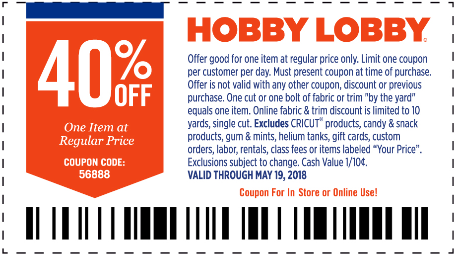 Hobby Lobby Coupon March 2024 40% off a single item at Hobby Lobby, or online via promo code 56888