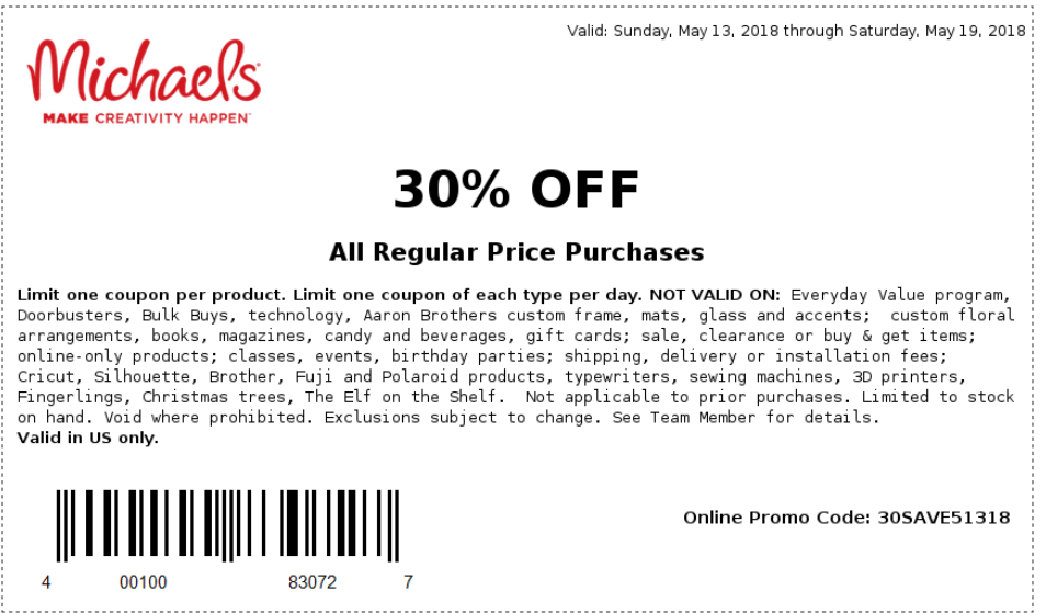Michaels Coupon April 2024 30% off at Michaels, or online via promo code 30SAVE51318