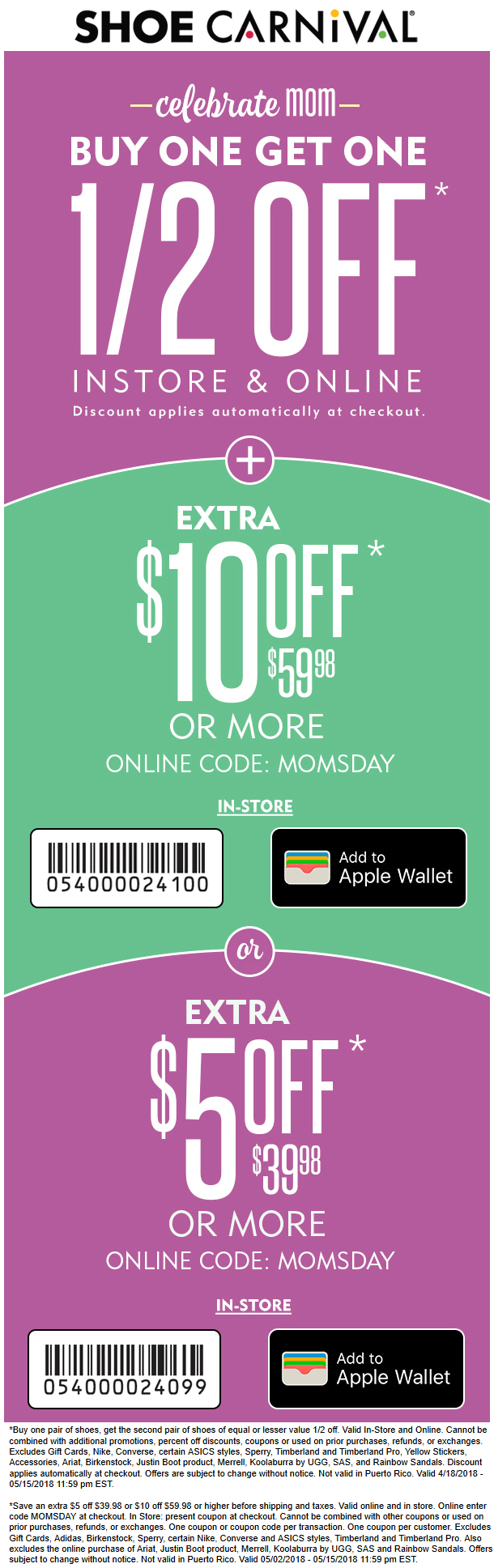 Shoe Carnival Coupon April 2024 $10 off $60 + 2nd pair 50% off today at Shoe Carnival, or online via promo code MOMSDAY