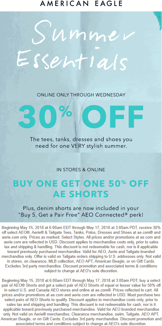 American Eagle Outfitters Coupon April 2024 Second shorts 50% off today at American Eagle Outfitters, ditto online