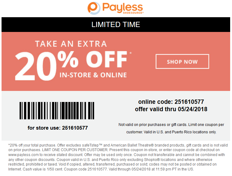 Payless Shoesource Coupon April 2024 Extra 20% off at Payless Shoesource, or online via promo code 251610577