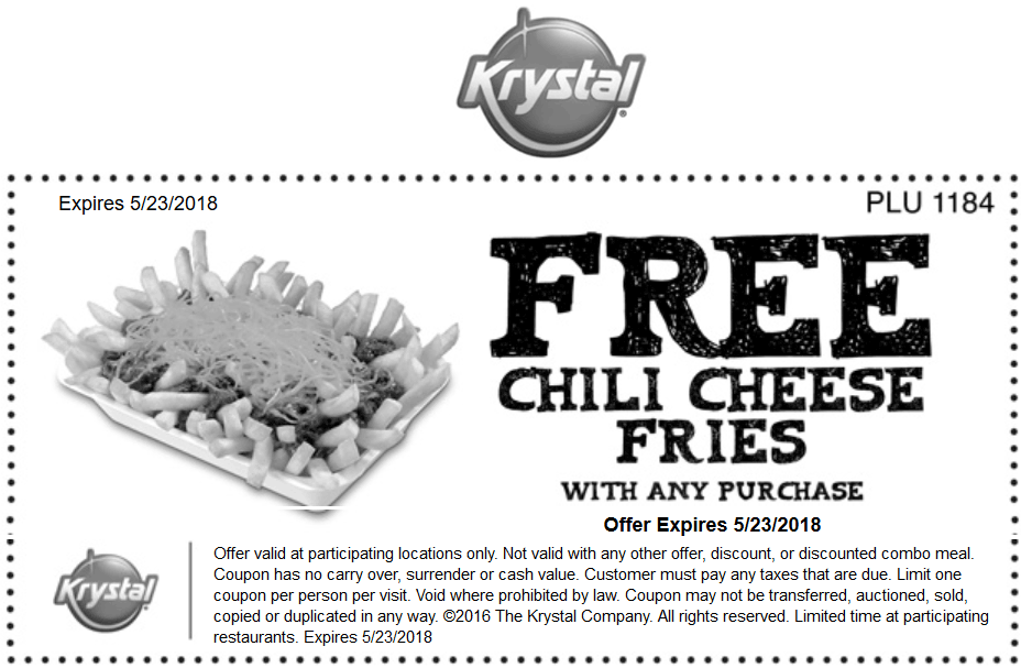 Krystal Coupon May 2024 Free chili cheese fries with any order at Krystal